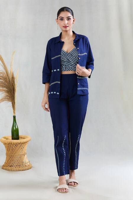 Shop Banana Labs Blue 100% Cotton Hand Block Printed Geometric Shirt Collar Striped Pant Set Online at Aza Fashions Shop_Banana Labs_Blue 100% Cotton Hand Block Printed Geometric Shirt Collar Striped Pant Set _Online_at_Aza_Fashions