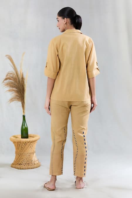 Banana Labs Beige 100% Cotton Hand Block Printed Geometric Shirt Striped Pattern Pant Set Online at Aza Fashions Banana Labs_Beige 100% Cotton Hand Block Printed Geometric Shirt Striped Pattern Pant Set _Online_at_Aza_Fashions