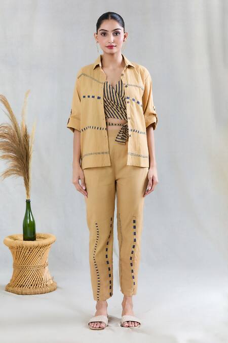 Buy Banana Labs Beige 100% Cotton Hand Block Printed Geometric Shirt Striped Pattern Pant Set Online at Aza Fashions Buy_Banana Labs_Beige 100% Cotton Hand Block Printed Geometric Shirt Striped Pattern Pant Set _Online_at_Aza_Fashions
