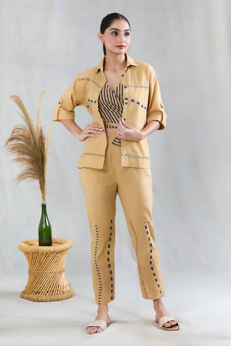 Shop Banana Labs Beige 100% Cotton Hand Block Printed Geometric Shirt Striped Pattern Pant Set Online at Aza Fashions Shop_Banana Labs_Beige 100% Cotton Hand Block Printed Geometric Shirt Striped Pattern Pant Set _Online_at_Aza_Fashions