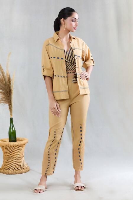 Banana Labs Beige 100% Cotton Hand Block Printed Geometric Shirt Striped Pattern Pant Set at Aza Fashions Banana Labs_Beige 100% Cotton Hand Block Printed Geometric Shirt Striped Pattern Pant Set _at_Aza_Fashions
