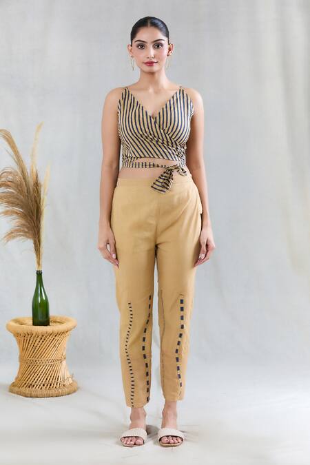 Buy Banana Labs Beige 100% Cotton Hand Block Printed Geometric Shirt Striped Pattern Pant Set Buy_Banana Labs_Beige 100% Cotton Hand Block Printed Geometric Shirt Striped Pattern Pant Set