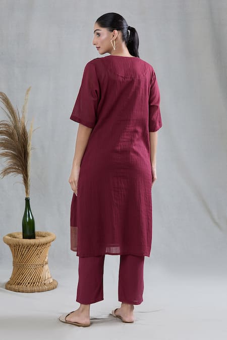 Banana Labs Red Cotton Sequins, Embroidery Round Neck Striped Print Kurta Pant Set Online at Aza Fashions Banana Labs_Red Cotton Sequins, Embroidery Round Neck Striped Print Kurta Pant Set _Online_at_Aza_Fashions