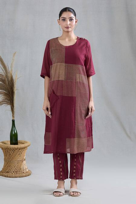 Buy Banana Labs Red Cotton Sequins, Embroidery Round Neck Striped Print Kurta Pant Set Online at Aza Fashions Buy_Banana Labs_Red Cotton Sequins, Embroidery Round Neck Striped Print Kurta Pant Set _Online_at_Aza_Fashions