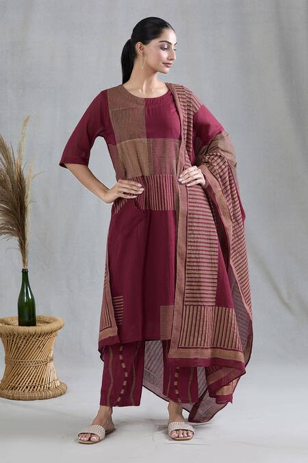 Shop Banana Labs Red Cotton Sequins, Embroidery Round Neck Striped Print Kurta Pant Set Online at Aza Fashions Shop_Banana Labs_Red Cotton Sequins, Embroidery Round Neck Striped Print Kurta Pant Set _Online_at_Aza_Fashions