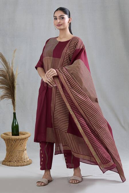 Buy Banana Labs Red Cotton Sequins, Embroidery Round Neck Striped Print Kurta Pant Set Buy_Banana Labs_Red Cotton Sequins, Embroidery Round Neck Striped Print Kurta Pant Set