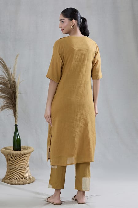 Banana Labs Yellow Cotton Embroidery Round Neck Striped Pattern Kurta Pant Set Online at Aza Fashions Banana Labs_Yellow Cotton Embroidery Round Neck Striped Pattern Kurta Pant Set _Online_at_Aza_Fashions