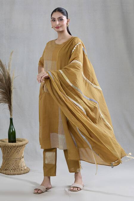 Buy Banana Labs Yellow Cotton Embroidery Round Neck Striped Pattern Kurta Pant Set Online at Aza Fashions Buy_Banana Labs_Yellow Cotton Embroidery Round Neck Striped Pattern Kurta Pant Set _Online_at_Aza_Fashions