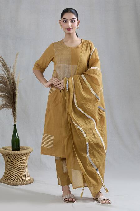 Shop Banana Labs Yellow Cotton Embroidery Round Neck Striped Pattern Kurta Pant Set Online at Aza Fashions Shop_Banana Labs_Yellow Cotton Embroidery Round Neck Striped Pattern Kurta Pant Set _Online_at_Aza_Fashions