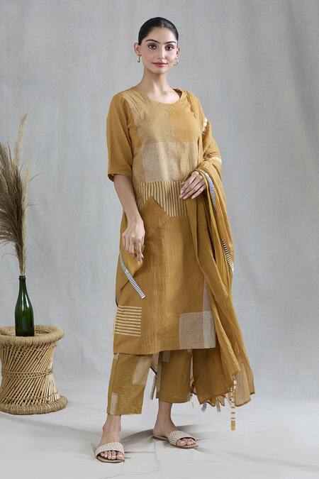 Banana Labs Yellow Cotton Embroidery Round Neck Striped Pattern Kurta Pant Set at Aza Fashions Banana Labs_Yellow Cotton Embroidery Round Neck Striped Pattern Kurta Pant Set _at_Aza_Fashions