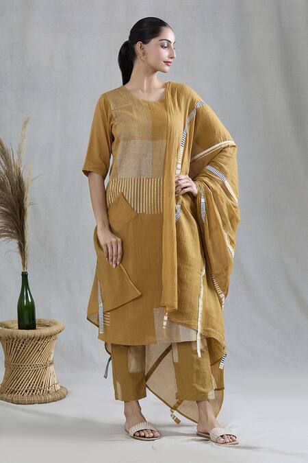 Buy Banana Labs Yellow Cotton Embroidery Round Neck Striped Pattern Kurta Pant Set Buy_Banana Labs_Yellow Cotton Embroidery Round Neck Striped Pattern Kurta Pant Set