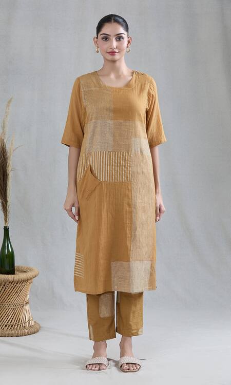 Buy Banana Labs Yellow Cotton Round Neck Striped Print Kurta And Pant Set Online at Aza Fashions Buy_Banana Labs_Yellow Cotton Round Neck Striped Print Kurta And Pant Set _Online_at_Aza_Fashions