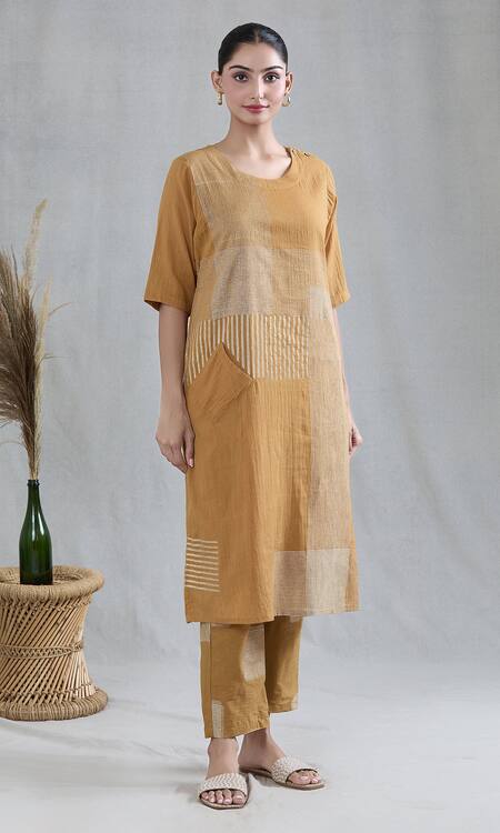Shop Banana Labs Yellow Cotton Round Neck Striped Print Kurta And Pant Set Online at Aza Fashions Shop_Banana Labs_Yellow Cotton Round Neck Striped Print Kurta And Pant Set _Online_at_Aza_Fashions