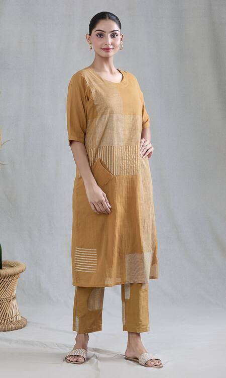 Banana Labs Yellow Cotton Round Neck Striped Print Kurta And Pant Set at Aza Fashions Banana Labs_Yellow Cotton Round Neck Striped Print Kurta And Pant Set _at_Aza_Fashions