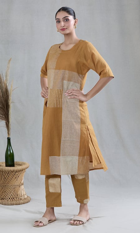 Buy Banana Labs Yellow Cotton Round Neck Striped Print Kurta And Pant Set Buy_Banana Labs_Yellow Cotton Round Neck Striped Print Kurta And Pant Set