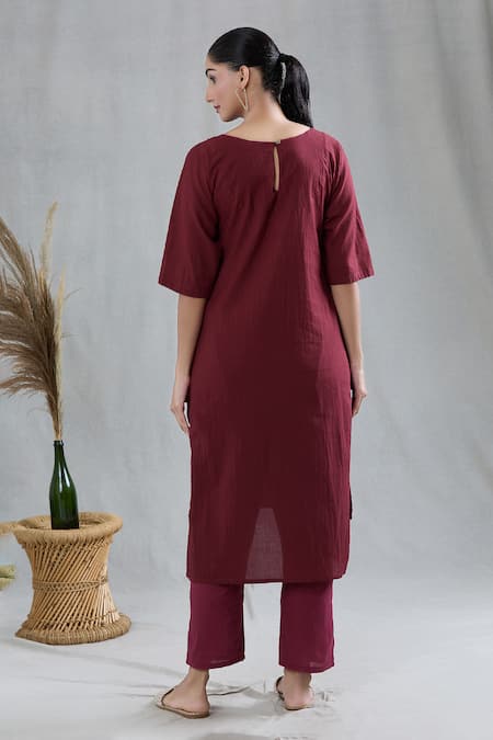 Banana Labs Maroon Cotton Embroidery Round Neck Striped Print Kurta Pant Set Online at Aza Fashions Banana Labs_Maroon Cotton Embroidery Round Neck Striped Print Kurta Pant Set _Online_at_Aza_Fashions