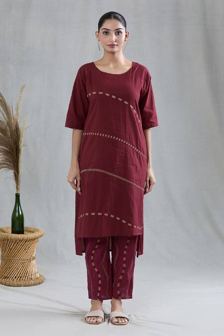 Buy Banana Labs Maroon Cotton Embroidery Round Neck Striped Print Kurta Pant Set Online at Aza Fashions Buy_Banana Labs_Maroon Cotton Embroidery Round Neck Striped Print Kurta Pant Set _Online_at_Aza_Fashions