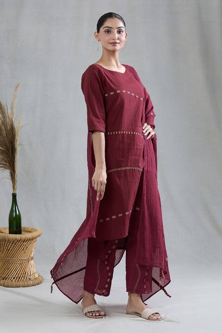 Shop Banana Labs Maroon Cotton Embroidery Round Neck Striped Print Kurta Pant Set Online at Aza Fashions Shop_Banana Labs_Maroon Cotton Embroidery Round Neck Striped Print Kurta Pant Set _Online_at_Aza_Fashions