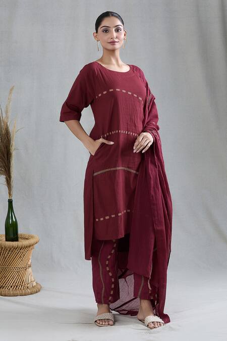 Banana Labs Maroon Cotton Embroidery Round Neck Striped Print Kurta Pant Set at Aza Fashions Banana Labs_Maroon Cotton Embroidery Round Neck Striped Print Kurta Pant Set _at_Aza_Fashions