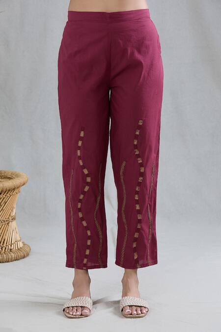 Buy Banana Labs Maroon Cotton Embroidery Round Neck Striped Print Kurta Pant Set Buy_Banana Labs_Maroon Cotton Embroidery Round Neck Striped Print Kurta Pant Set