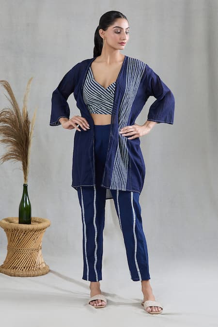 BANANA labs Blue 100% Cotton Hand Block Printed Geometric Cape Open Striped Pant Set 