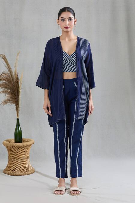 Buy Banana Labs Blue 100% Cotton Hand Block Printed Geometric Cape Open Striped Pant Set Online at Aza Fashions Buy_Banana Labs_Blue 100% Cotton Hand Block Printed Geometric Cape Open Striped Pant Set _Online_at_Aza_Fashions