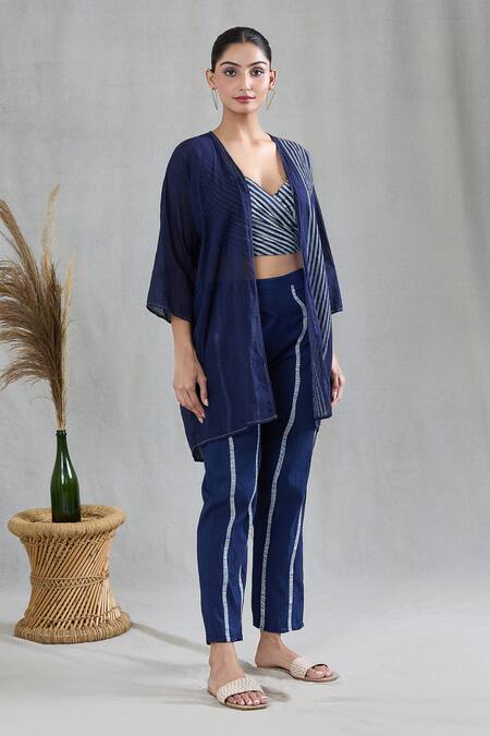 Shop Banana Labs Blue 100% Cotton Hand Block Printed Geometric Cape Open Striped Pant Set Online at Aza Fashions Shop_Banana Labs_Blue 100% Cotton Hand Block Printed Geometric Cape Open Striped Pant Set _Online_at_Aza_Fashions