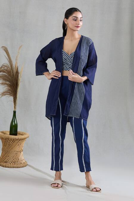 Banana Labs Blue 100% Cotton Hand Block Printed Geometric Cape Open Striped Pant Set at Aza Fashions Banana Labs_Blue 100% Cotton Hand Block Printed Geometric Cape Open Striped Pant Set _at_Aza_Fashions