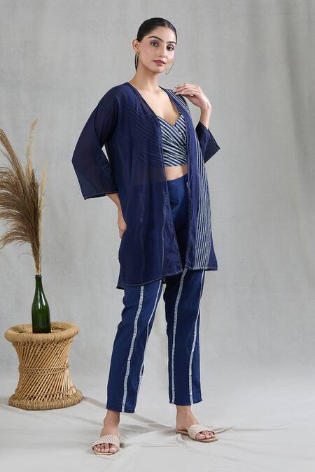 Buy Banana Labs Blue 100% Cotton Hand Block Printed Geometric Cape Open Striped Pant Set Buy_Banana Labs_Blue 100% Cotton Hand Block Printed Geometric Cape Open Striped Pant Set