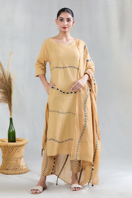 BANANA labs Beige 100% Cotton Hand Block Printed Geometric Striped Pattern Kurta Pant Set 