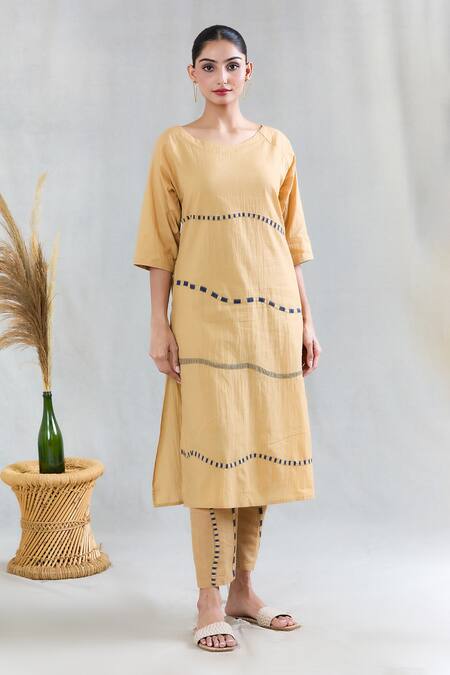 Buy Banana Labs Beige Cotton Round Neck Striped Pattern Kurta Pant Set Online at Aza Fashions Buy_Banana Labs_Beige Cotton Round Neck Striped Pattern Kurta Pant Set _Online_at_Aza_Fashions