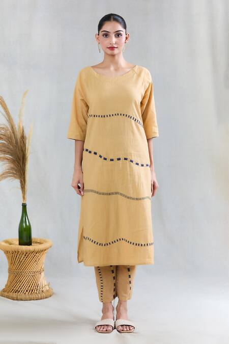 Shop Banana Labs Beige Cotton Round Neck Striped Pattern Kurta Pant Set Online at Aza Fashions Shop_Banana Labs_Beige Cotton Round Neck Striped Pattern Kurta Pant Set _Online_at_Aza_Fashions