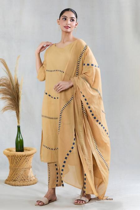 Banana Labs Beige Cotton Round Neck Striped Pattern Kurta Pant Set at Aza Fashions Banana Labs_Beige Cotton Round Neck Striped Pattern Kurta Pant Set _at_Aza_Fashions