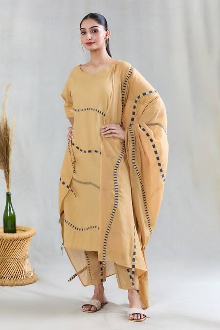 Buy Banana Labs Beige Cotton Round Neck Striped Pattern Kurta Pant Set Buy_Banana Labs_Beige Cotton Round Neck Striped Pattern Kurta Pant Set