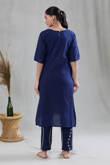 Banana Labs Blue Cotton Embroidery Round Neck Striped Print Kurta Set Online at Aza Fashions Banana Labs_Blue Cotton Embroidery Round Neck Striped Print Kurta Set _Online_at_Aza_Fashions