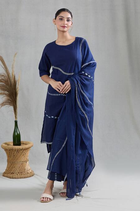 Buy Banana Labs Blue Cotton Embroidery Round Neck Striped Print Kurta Set Online at Aza Fashions Buy_Banana Labs_Blue Cotton Embroidery Round Neck Striped Print Kurta Set _Online_at_Aza_Fashions