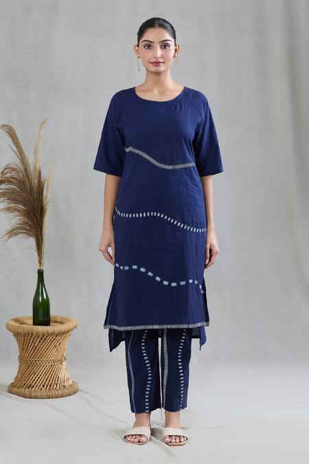 Shop Banana Labs Blue Cotton Embroidery Round Neck Striped Print Kurta Set Online at Aza Fashions Shop_Banana Labs_Blue Cotton Embroidery Round Neck Striped Print Kurta Set _Online_at_Aza_Fashions