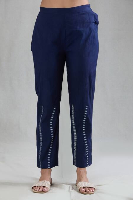 Banana Labs Blue Cotton Embroidery Round Neck Striped Print Kurta Set at Aza Fashions Banana Labs_Blue Cotton Embroidery Round Neck Striped Print Kurta Set _at_Aza_Fashions