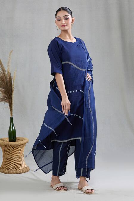 Buy Banana Labs Blue Cotton Embroidery Round Neck Striped Print Kurta Set Buy_Banana Labs_Blue Cotton Embroidery Round Neck Striped Print Kurta Set