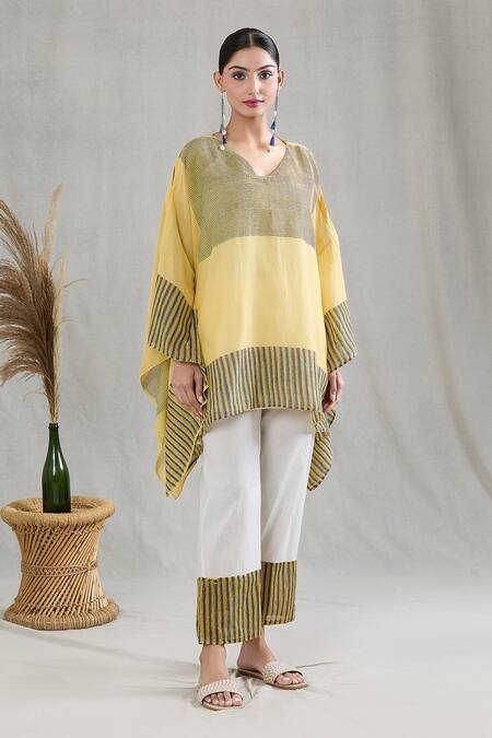 Buy Banana Labs Yellow 100% Cotton Hand Block Printed Checkered Pattern Kaftan Pant Set Online at Aza Fashions Buy_Banana Labs_Yellow 100% Cotton Hand Block Printed Checkered Pattern Kaftan Pant Set _Online_at_Aza_Fashions