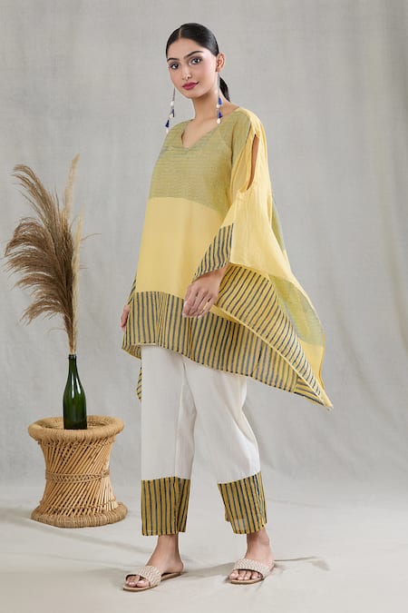 Shop Banana Labs Yellow 100% Cotton Hand Block Printed Checkered Pattern Kaftan Pant Set Online at Aza Fashions Shop_Banana Labs_Yellow 100% Cotton Hand Block Printed Checkered Pattern Kaftan Pant Set _Online_at_Aza_Fashions
