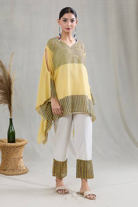 Banana Labs Yellow 100% Cotton Hand Block Printed Checkered Pattern Kaftan Pant Set at Aza Fashions Banana Labs_Yellow 100% Cotton Hand Block Printed Checkered Pattern Kaftan Pant Set _at_Aza_Fashions