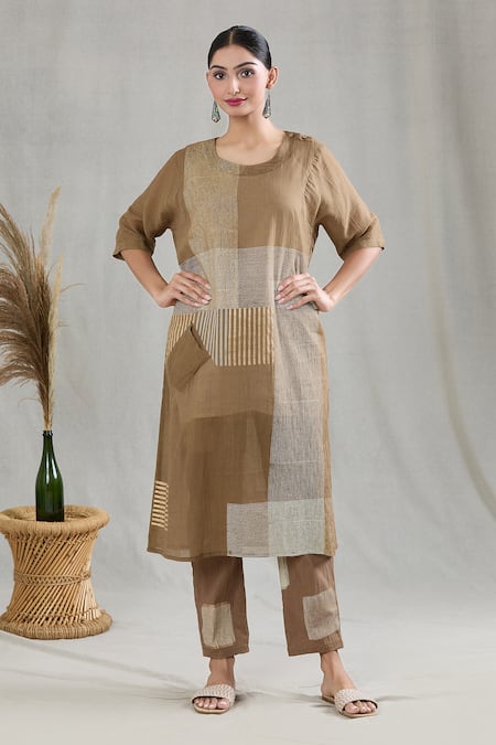 BANANA labs Green 100% Cotton Hand Block Printed Geometric Round Striped Kurta And Pant Set 