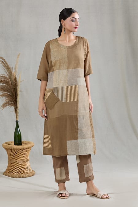 Banana Labs Green Cotton Round Neck Striped Print Kurta And Pant Set Online at Aza Fashions Banana Labs_Green Cotton Round Neck Striped Print Kurta And Pant Set _Online_at_Aza_Fashions