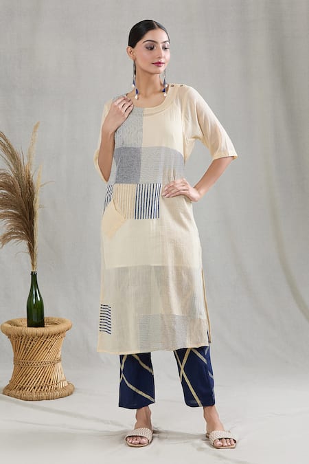 BANANA labs White 100% Cotton Hand Block Printed Geometric Striped Pattern Kurta And Pant Set 