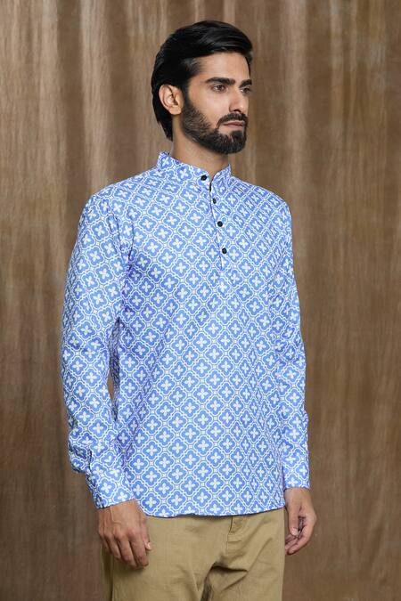 Arihant Rai Sinha_Blue Cotton Floral Print Shirt _Online_at_Aza_Fashions
