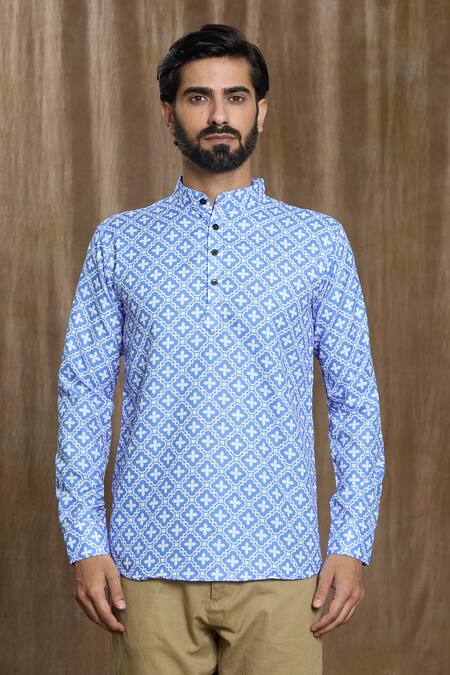 Arihant Rai Sinha_Blue Cotton Floral Print Shirt _at_Aza_Fashions