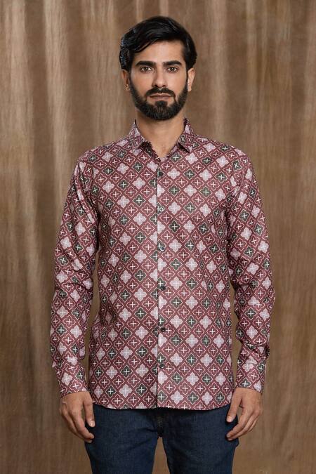 Aryavir Malhotra Multi Color Cotton Symmetric Motif Print Shirt Online at Aza Fashions Aryavir Malhotra_Multi Color Cotton Symmetric Motif Print Shirt_Online_at_Aza_Fashions
