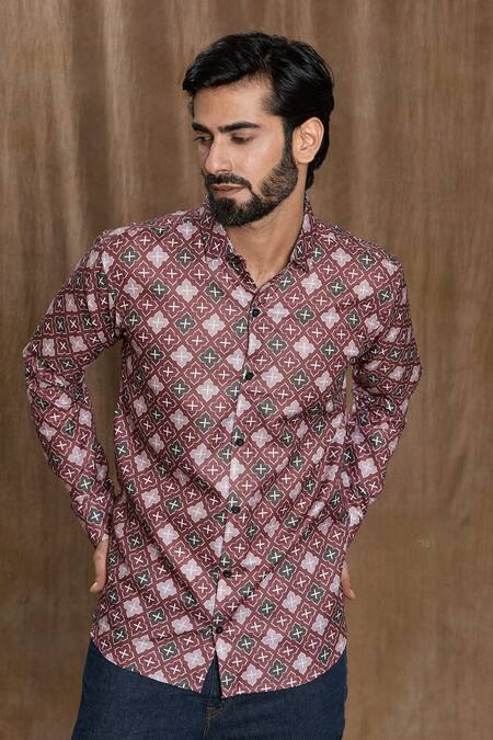 Shop Aryavir Malhotra Multi Color Cotton Symmetric Motif Print Shirt Online at Aza Fashions Shop_Aryavir Malhotra_Multi Color Cotton Symmetric Motif Print Shirt_Online_at_Aza_Fashions