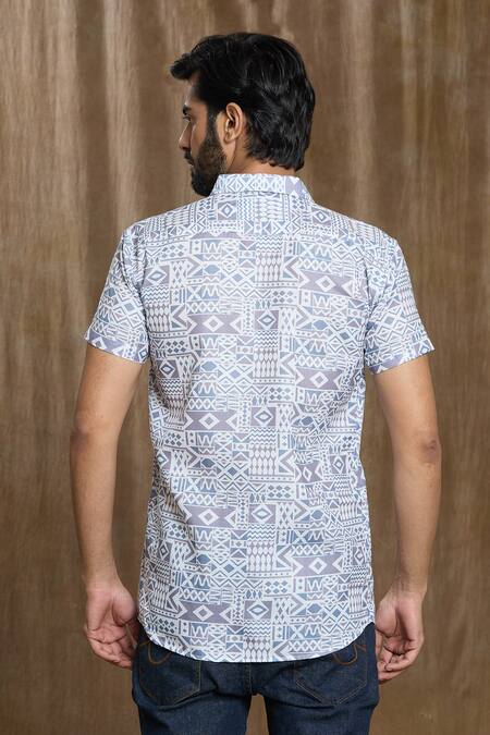 Shop Aryavir Malhotra Grey Cotton Geometric Print Short Sleeve Shirt at Aza Fashions Shop_Aryavir Malhotra_Grey Cotton Geometric Print Short Sleeve Shirt_at_Aza_Fashions